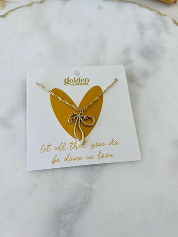 Gold Bow & Pink Crystals Necklace